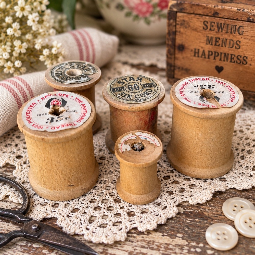 Vintage Wooden Thread Spools Lot of 5 Star Six Cord American Thread Co Labels